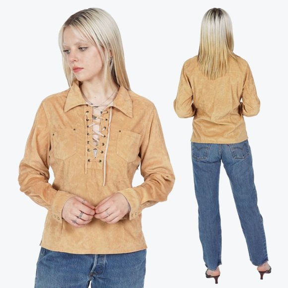VINTAGE Y2K Lace Up V-Neck Beige Suede Top - Picture 3 of 3